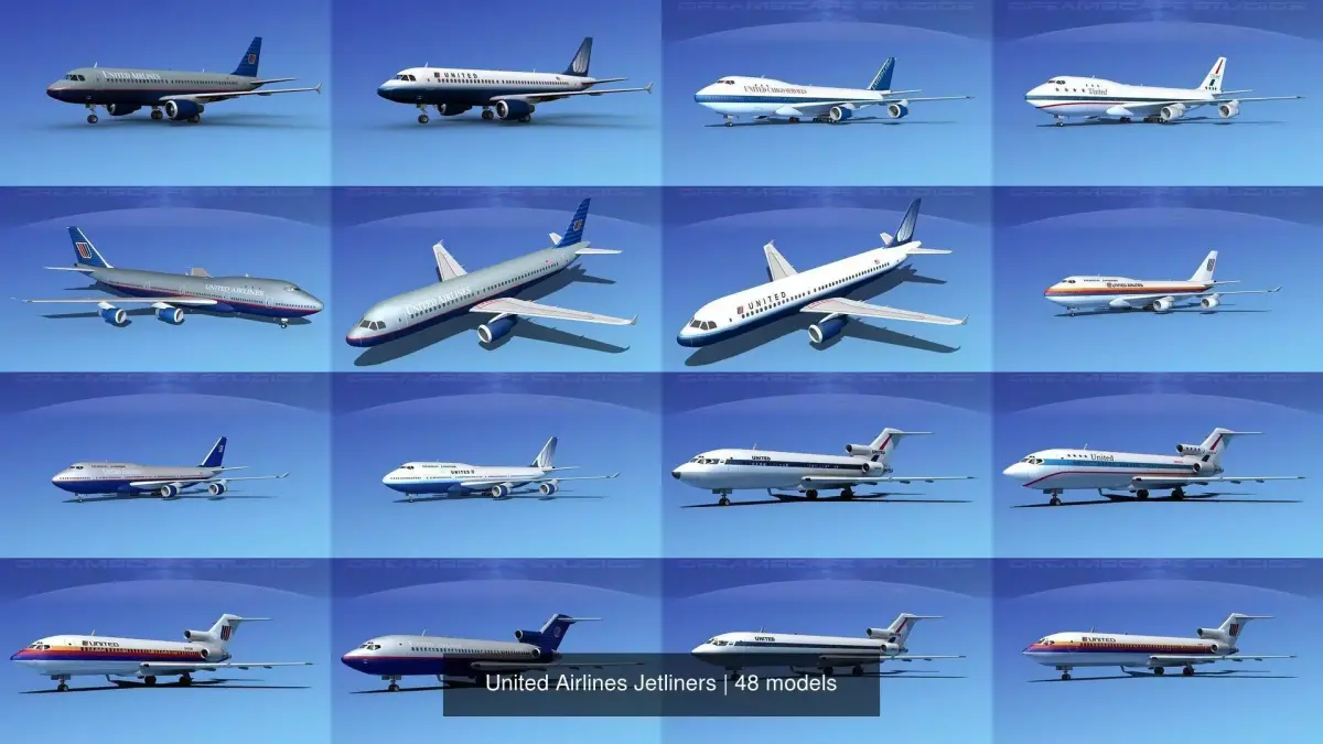 48 United Airlines Jetliners 3D Model Collection
