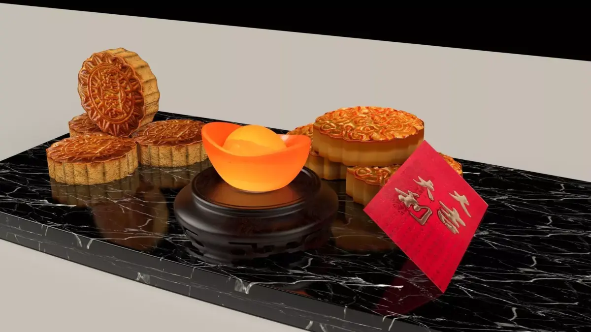 Chinese mooncake with yuan boa and red envelope 3D model