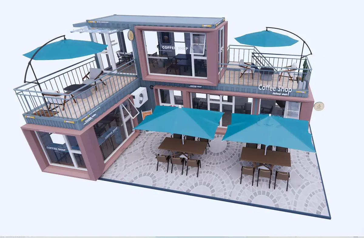 Modern Container Coffee Shop 3D Model Rooftop Terrace 3D model