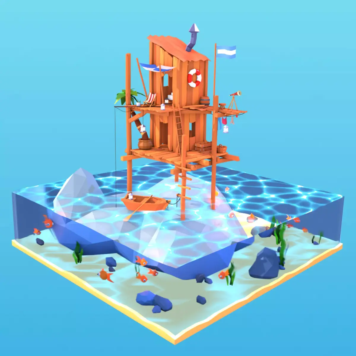 Seashack blender file with water material Low-poly 3D model