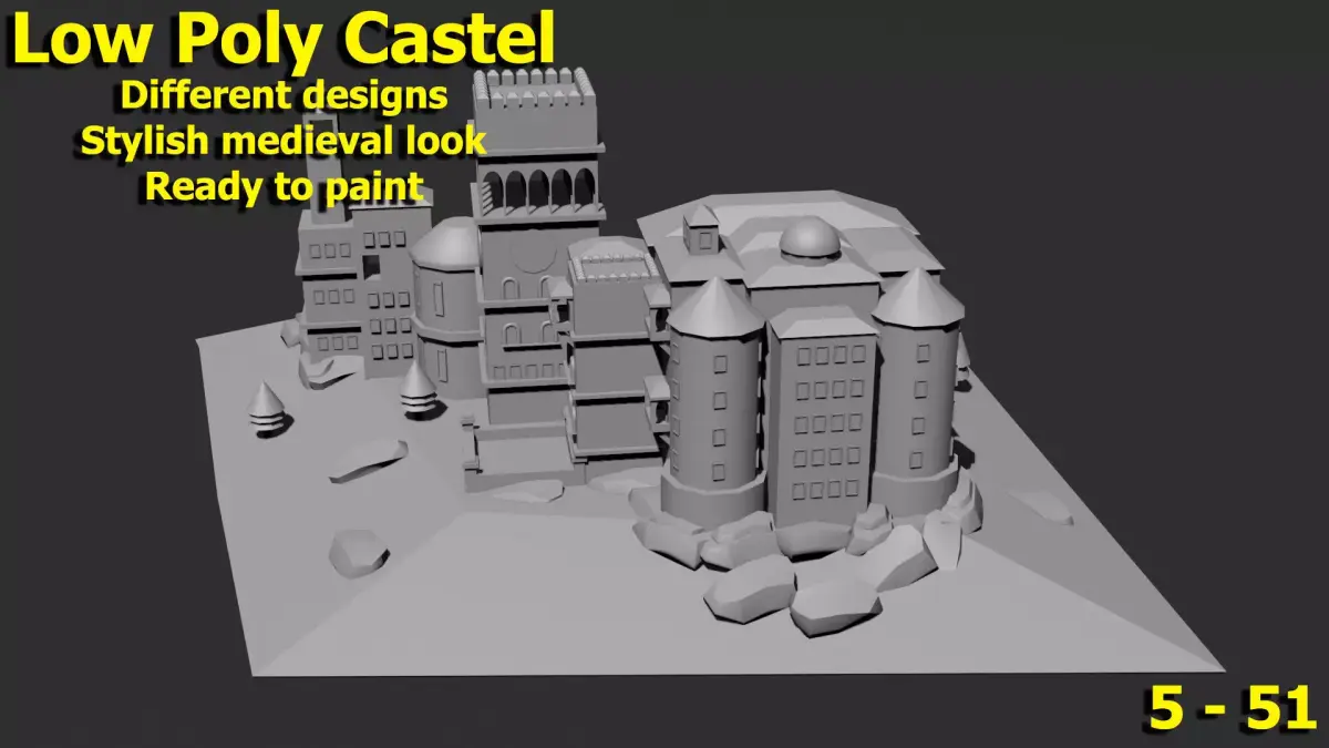 Low Poly Castle 5 building Low-poly 3D model