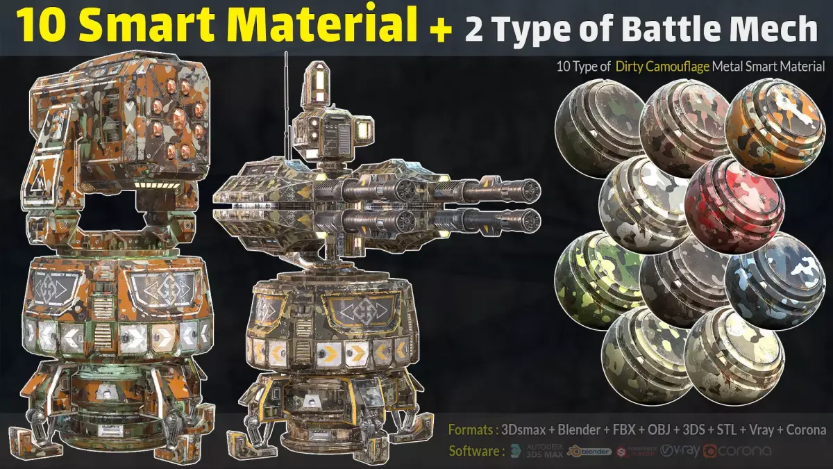 10 Camouflage Smart Material - 2Type of Battle Mech Low-poly 3D model