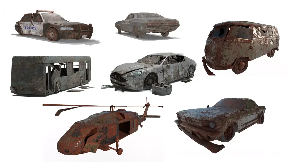 Game ready Abandoned damaged wrecked Vehicle collection model Low-poly 3D model