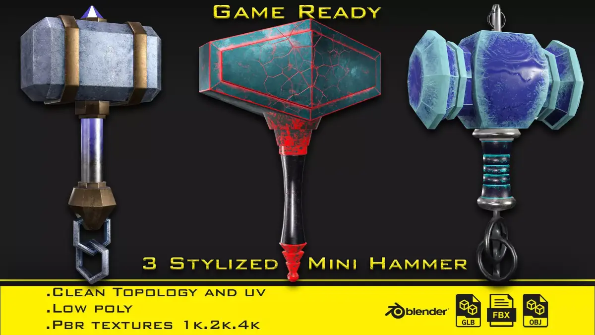 3 Stylized mini hammer - Game ready Low-poly 3D model