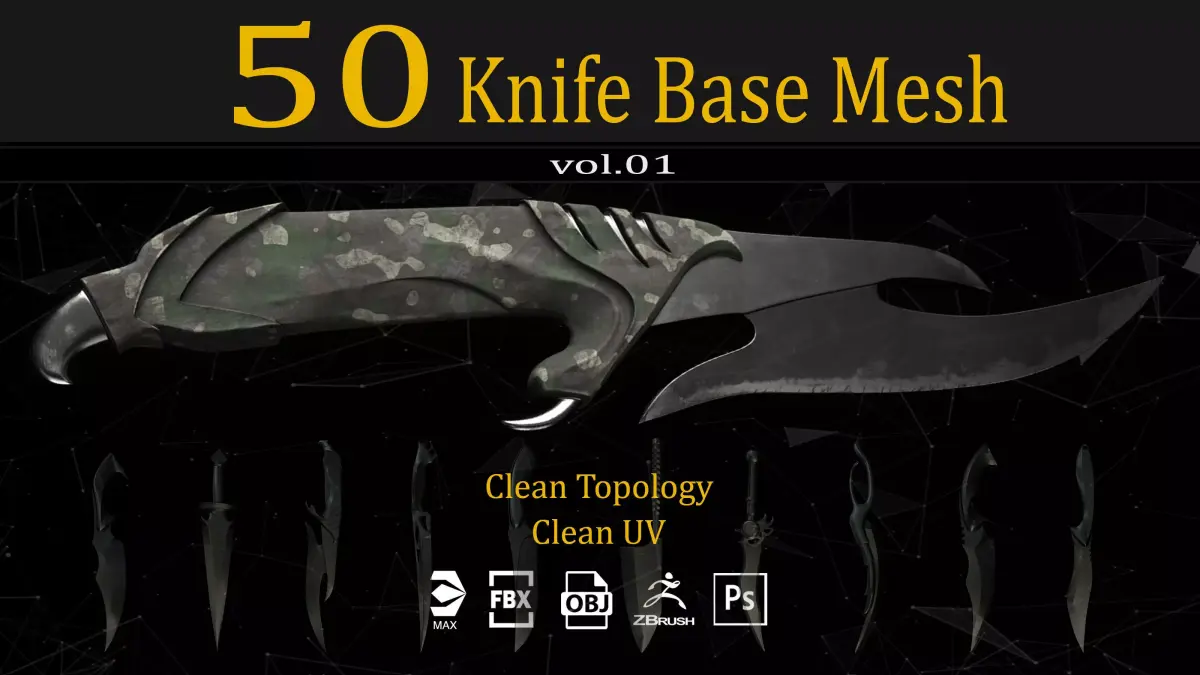 50 knife Base Mesh Clean UV and IMM Brush and  ABR Brush VOL01 3D model