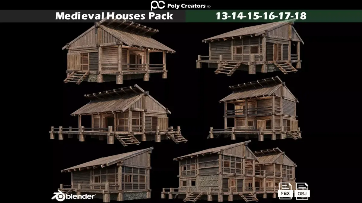 Medieval Houses Pack 13-14-15-16-17-18 - 4K Textures Game Ready Low-poly 3D model