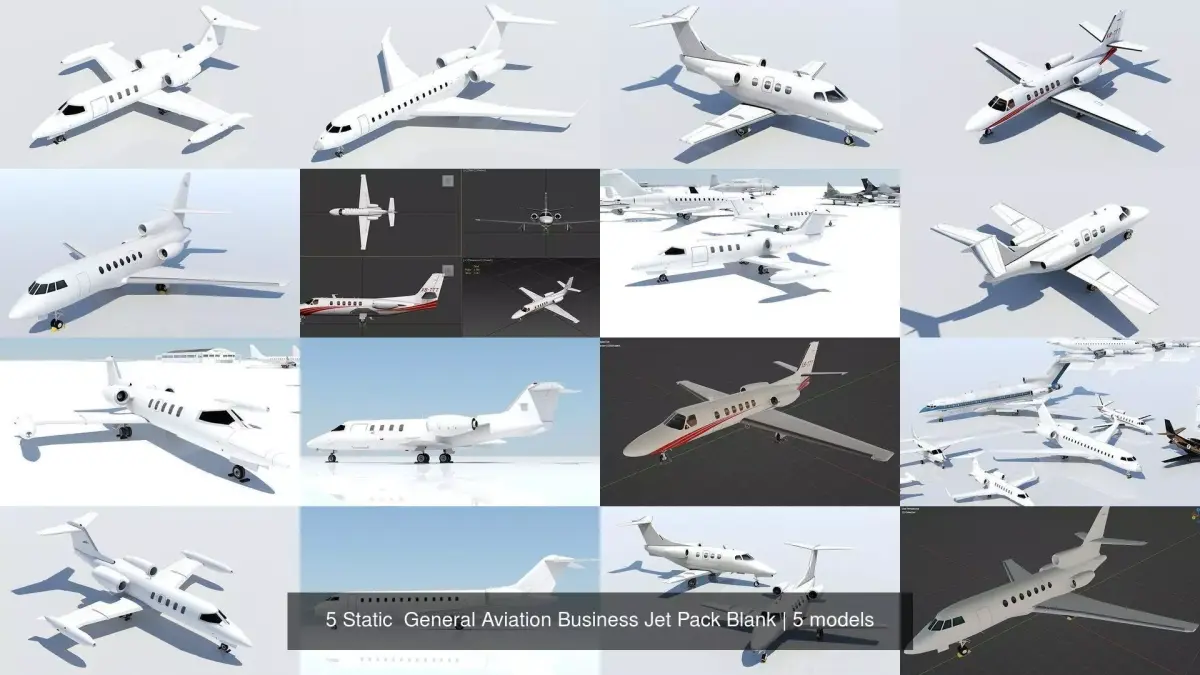 5 Static General Aviation Business Jet Pack Blank 3D Model Collection