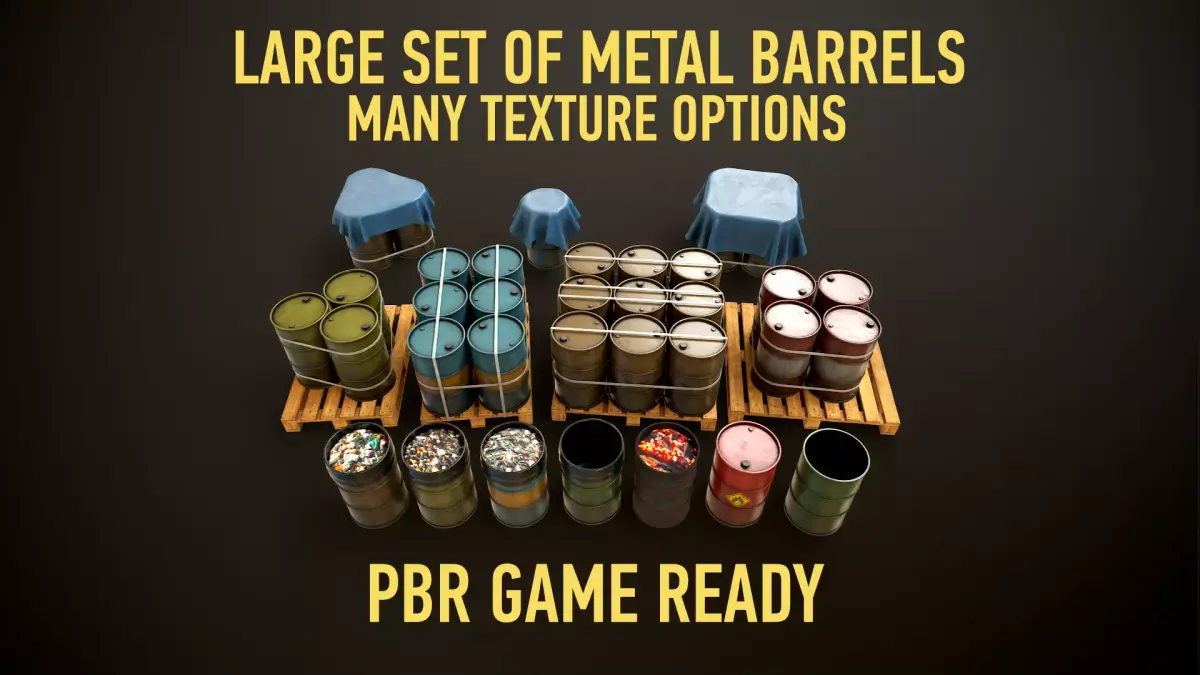 Large set of metal barrels Low-poly 3D model