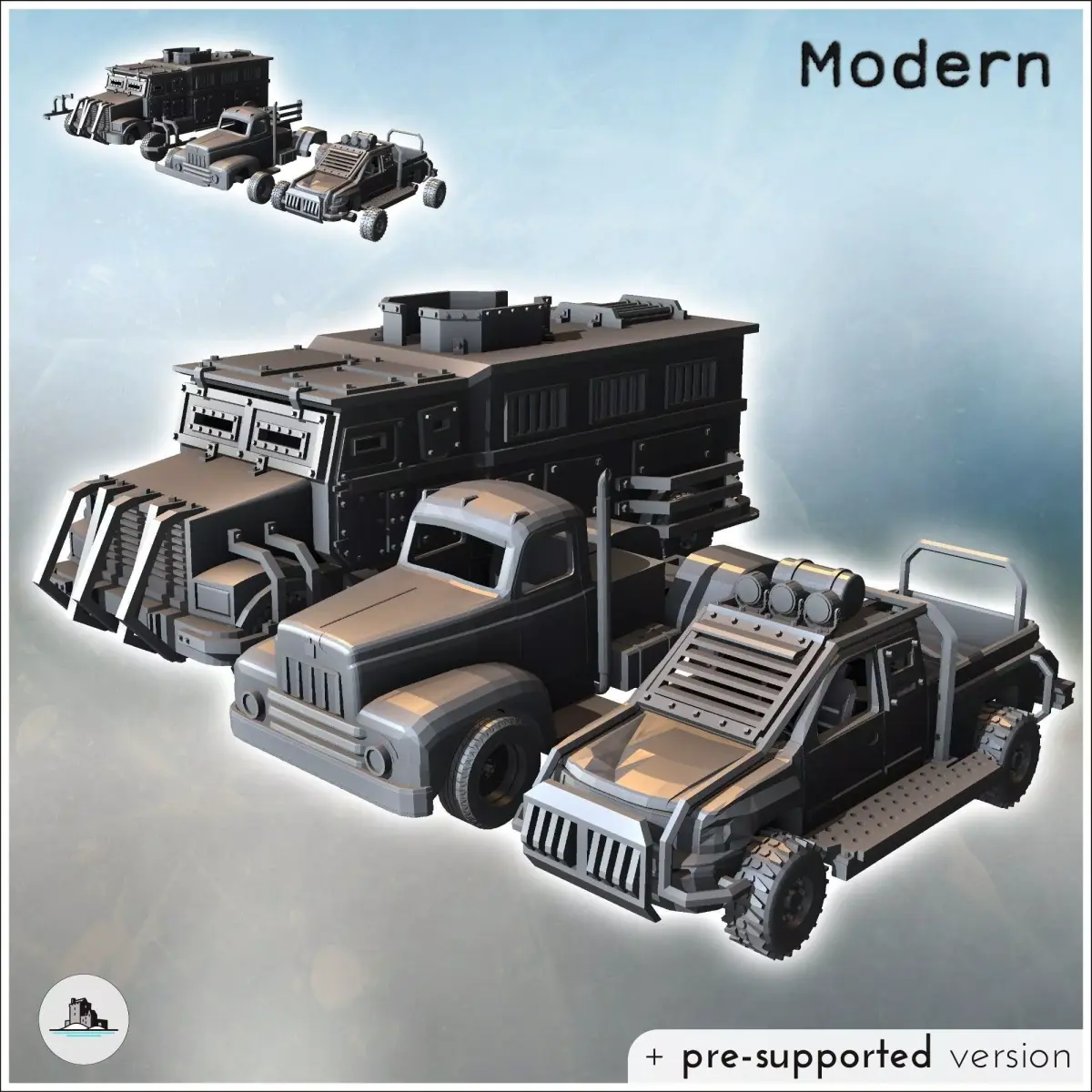 Set of three post-apocalyptic vehicles with improvised armored t 3D print model