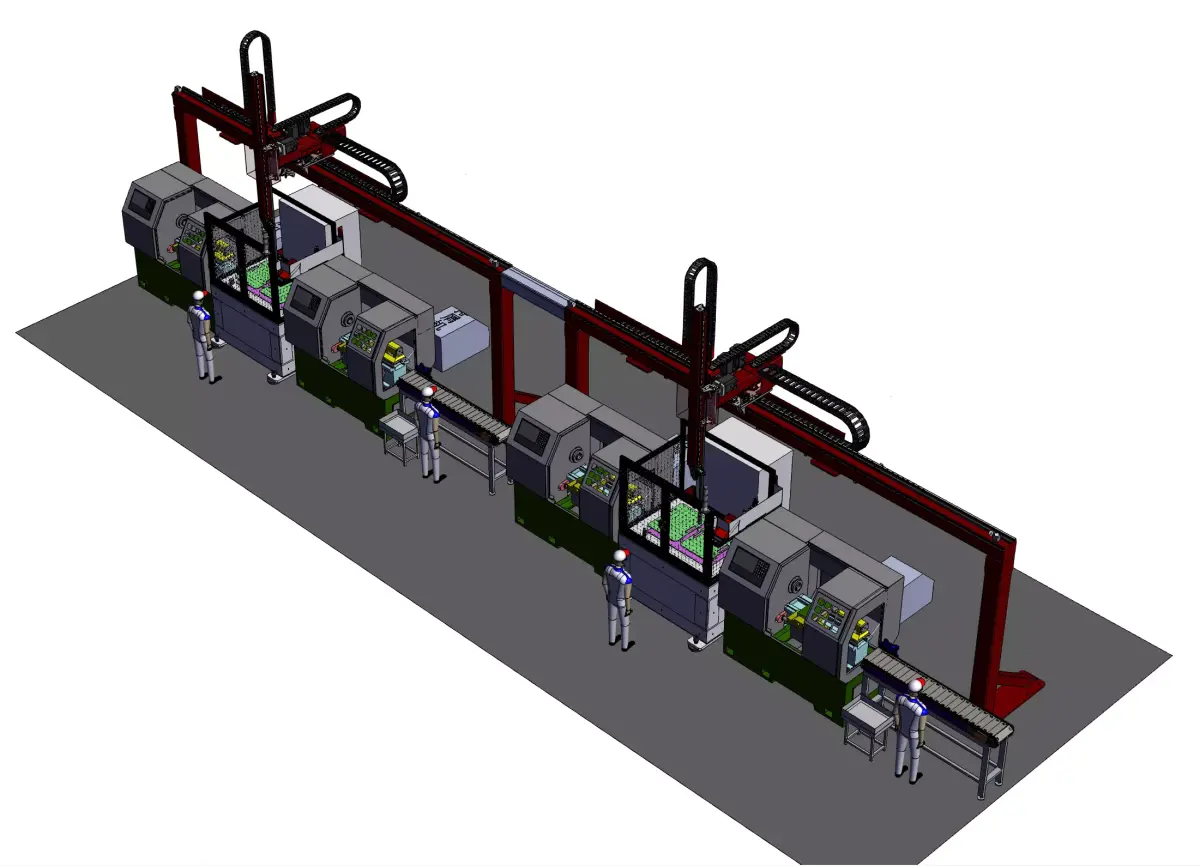 Automated loading and unloading CNC workshop using gantry robots 3D model