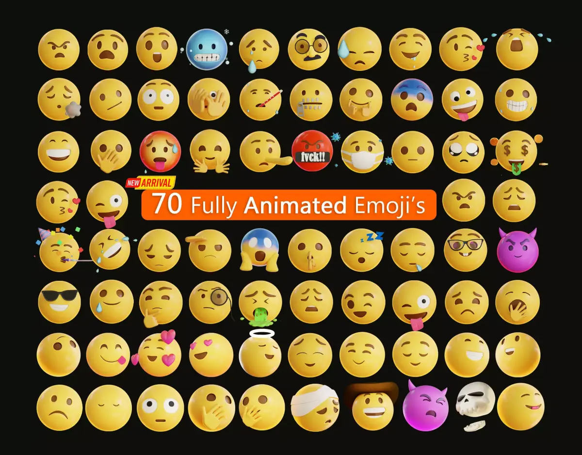 70 fully Animated Smiley Emojis Collection Low-poly 3D model