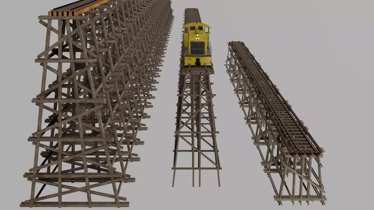 Locomotive and three bridge trestle complete materials PBR 3D Model Pack