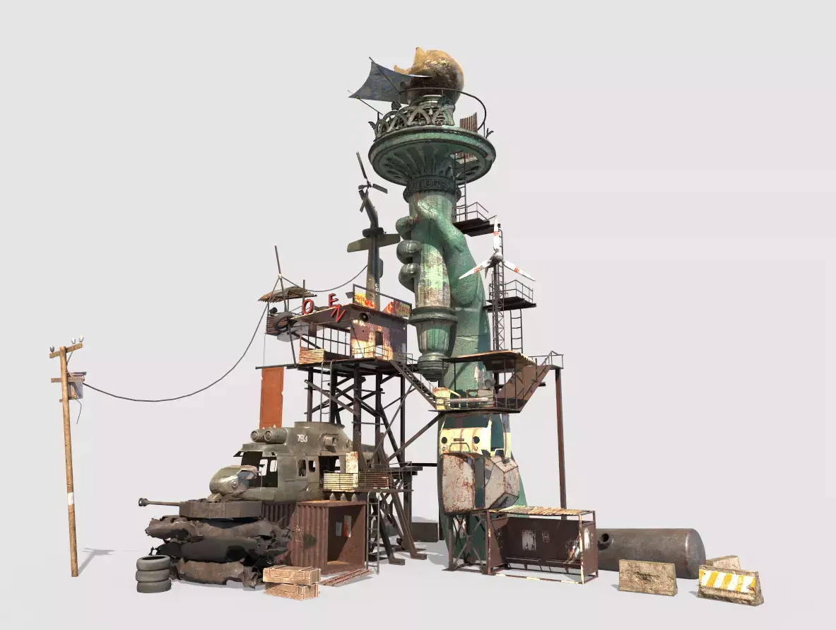 Post-Apocalyptic Base With Statue Of Libertys Hand 3D model