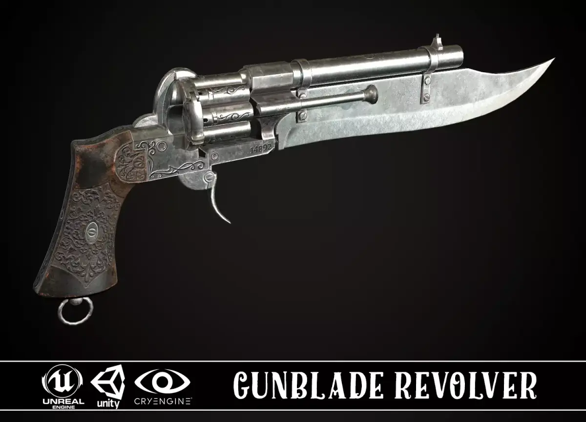 Gunblade Revolver Steel Low-poly 3D model