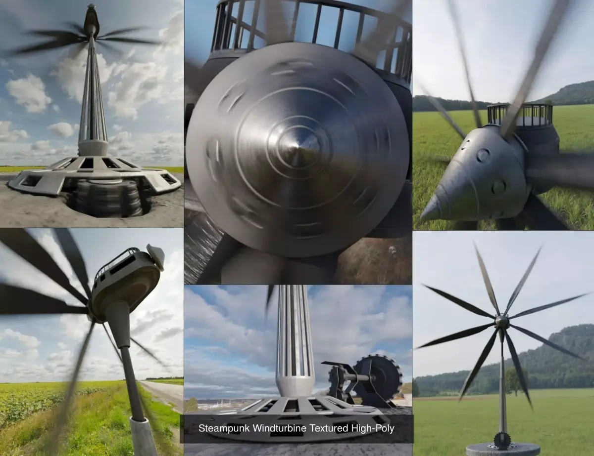 Steampunk Windturbine Version 1 and 2 High-Poly 3D Model Pack