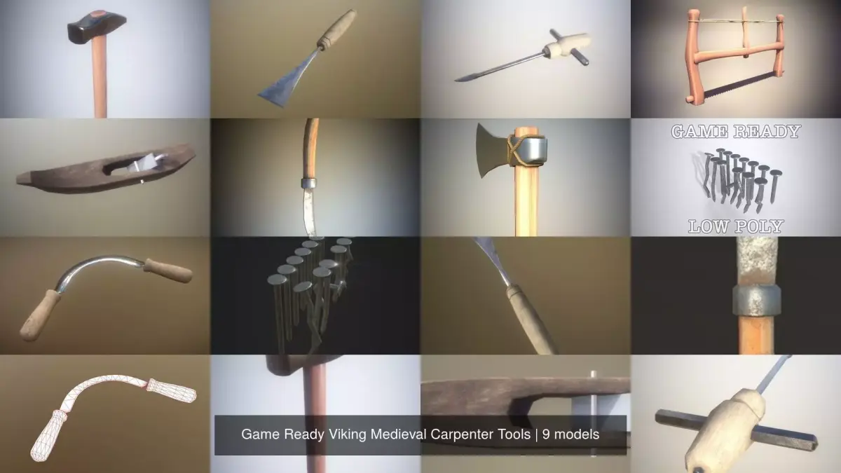 Game Ready Viking Medieval Carpenter Tools 3D Model Pack