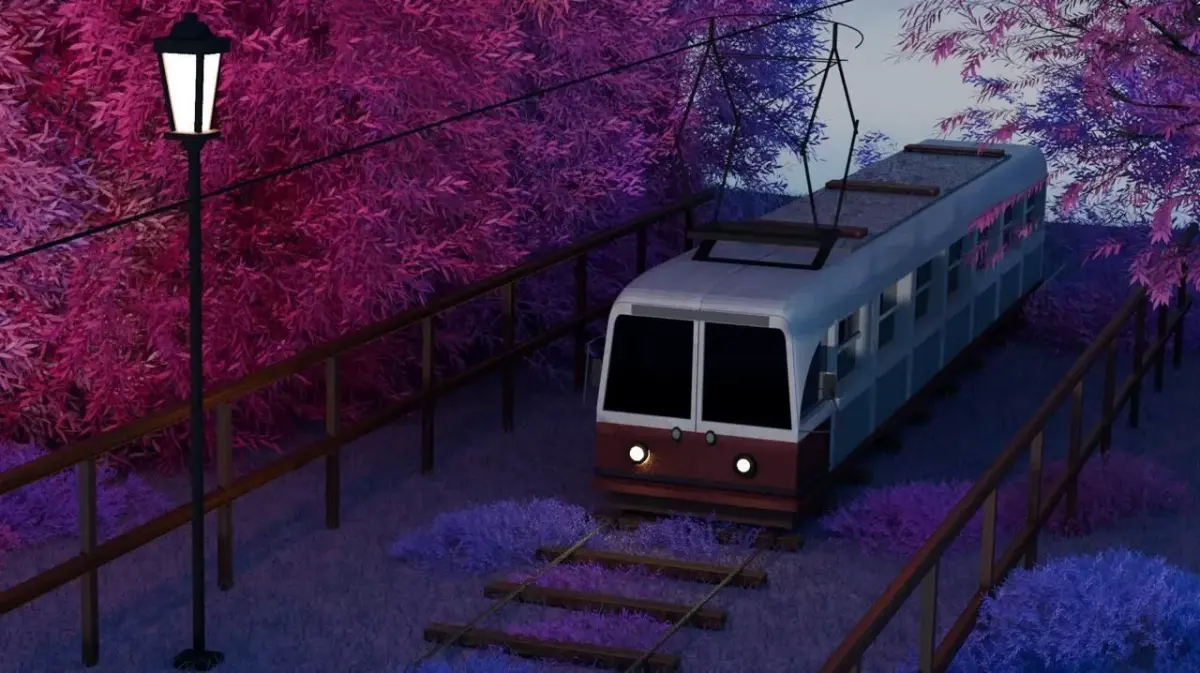 Tram Environment Scene Tracks Foliage Tram Streetlight Fence  3D model