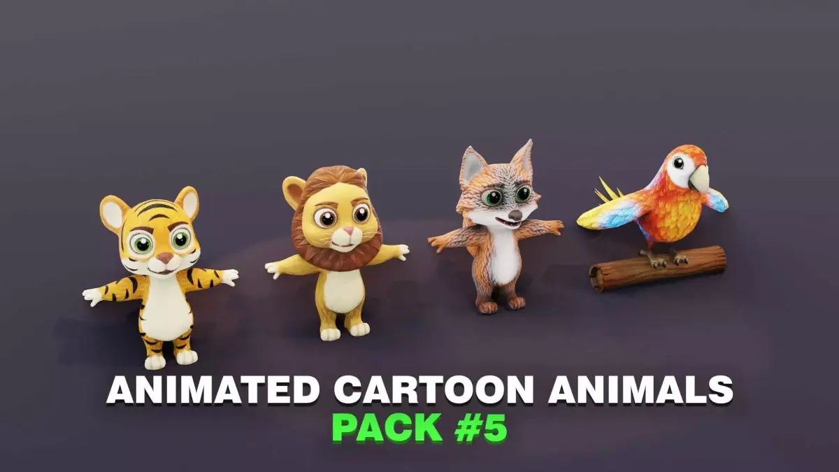Tiger Lion Grey Fox Ara Parrot Pack 3D Model Low-poly 3D model