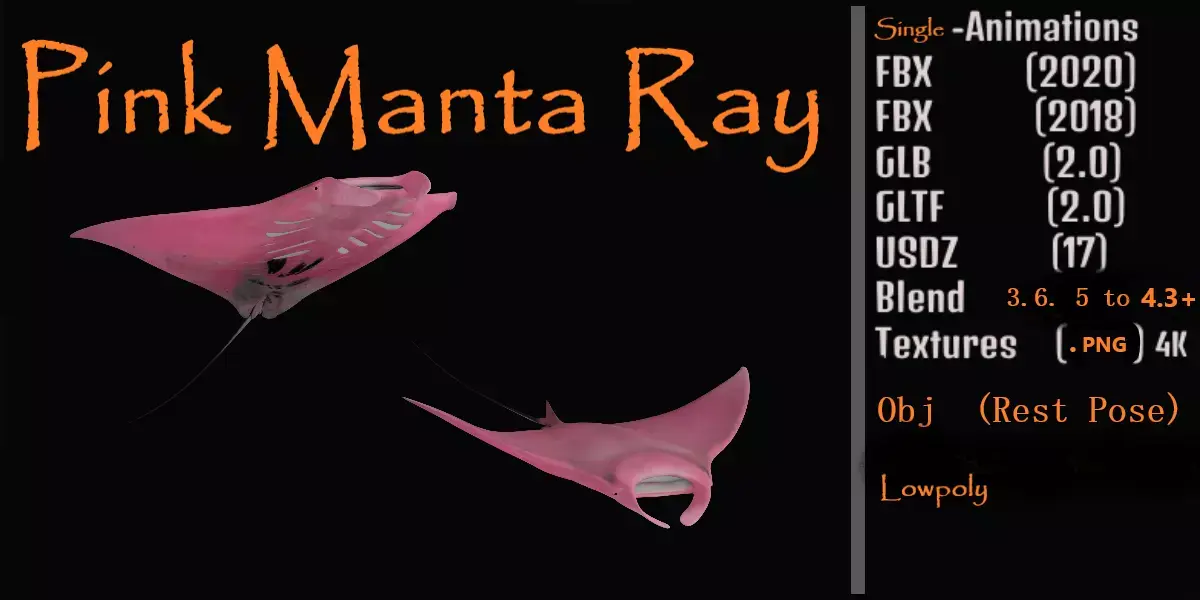 Pink Manta Mobula Ray Low-poly 3D model