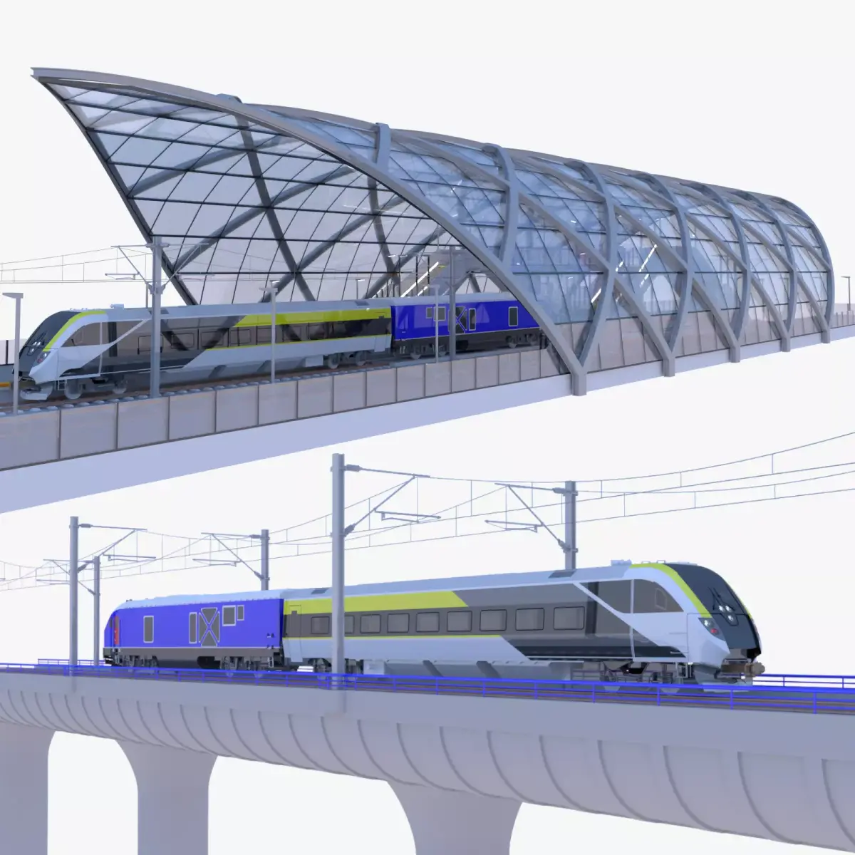 Bridge and station with american train 3D Model Pack