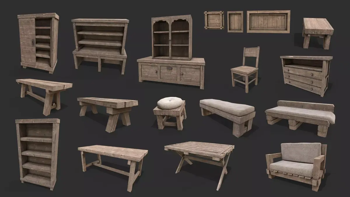 Medieval Environment Props 9 Living Room Furniture Pack Low-poly 3D model