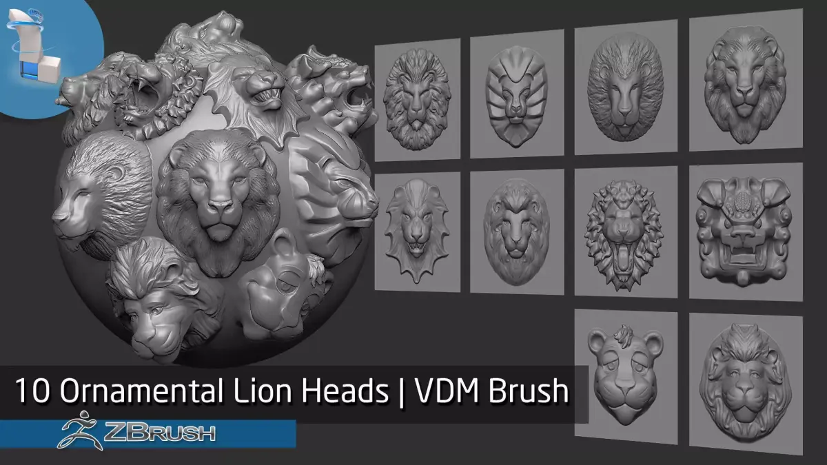 Zbrush - 10 Ornamental Lion Heads VDM Brush 3D model