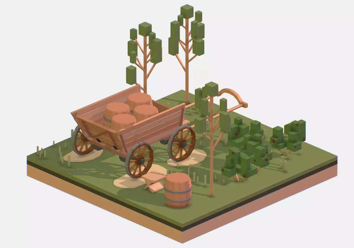 Isometric Village Wood Cart Barrel  Low-poly 3D model