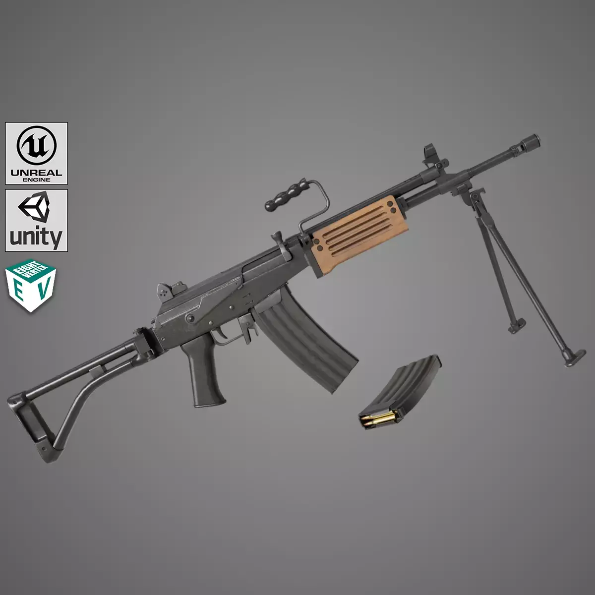 Machine Gun 13 Wood Handle All PBR Unity UE Textures Low-poly 3D model