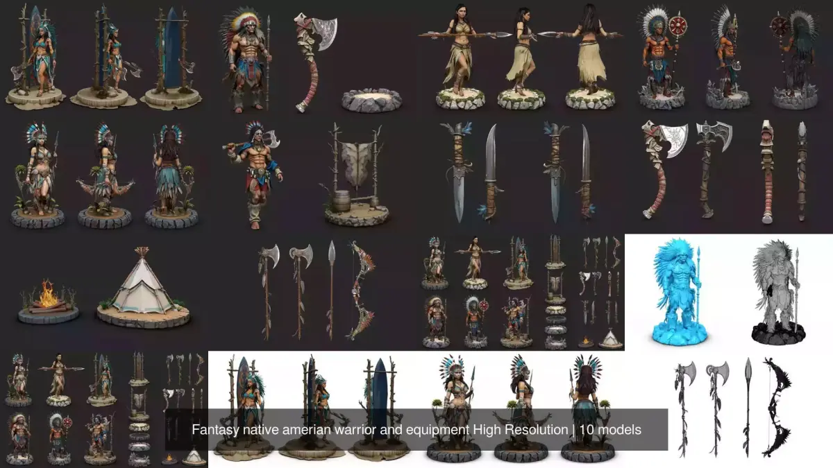 Fantasy native amerian warrior and equipment High Resolution 3D Model Pack