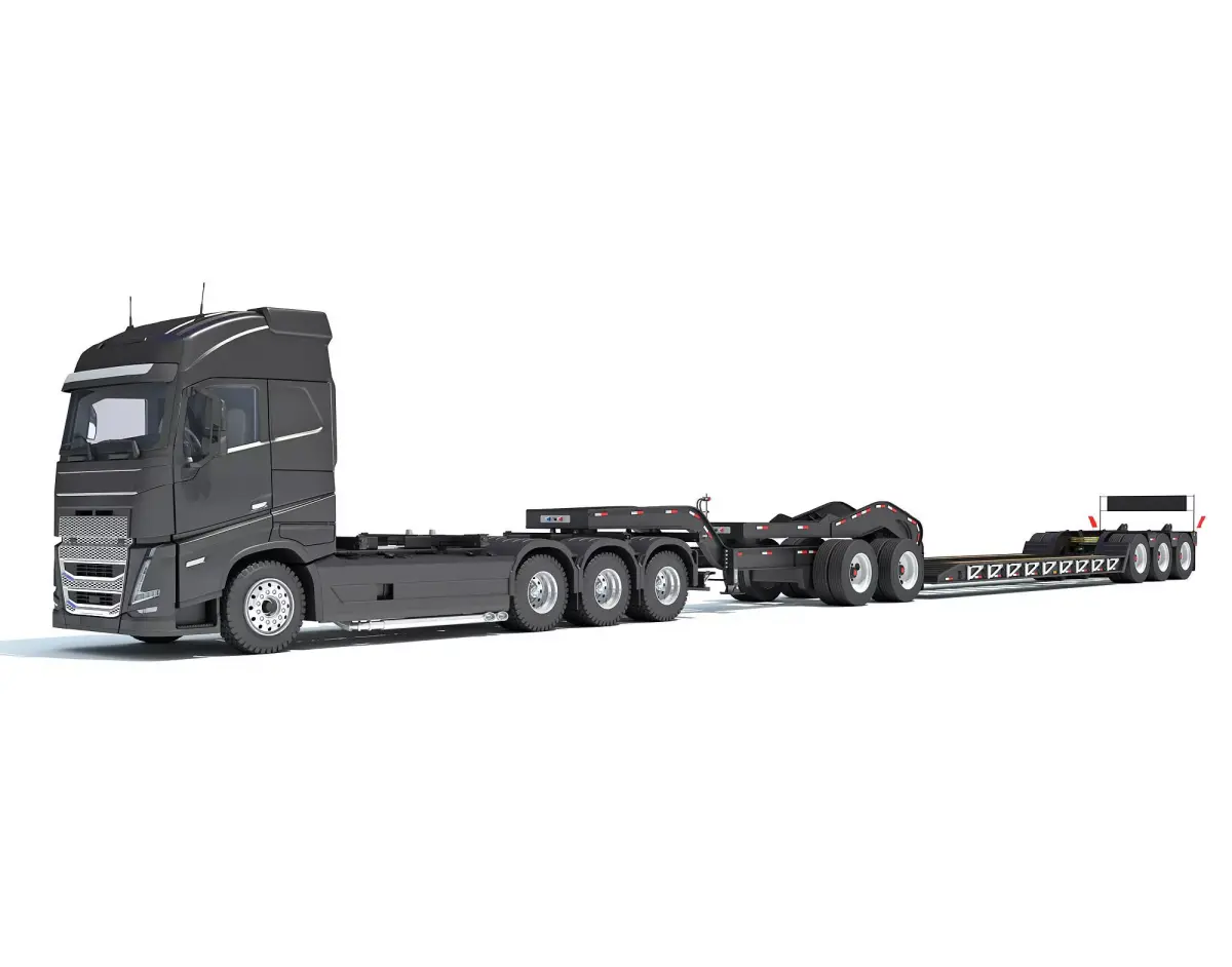 Semi Truck with Lowboy Trailer 3D model