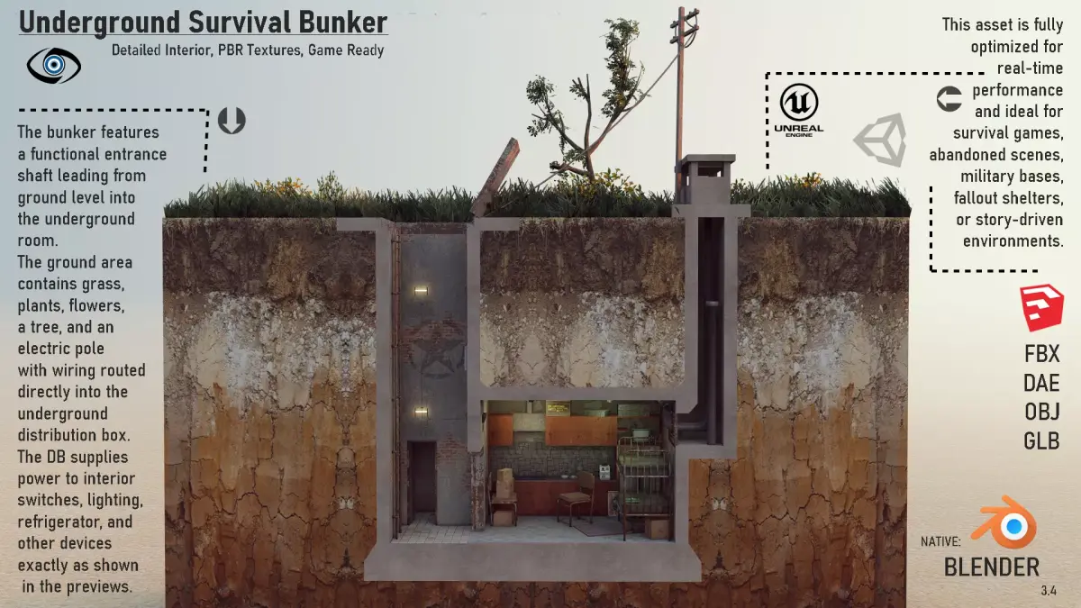 Underground Survival Bunker Low-poly 3D model