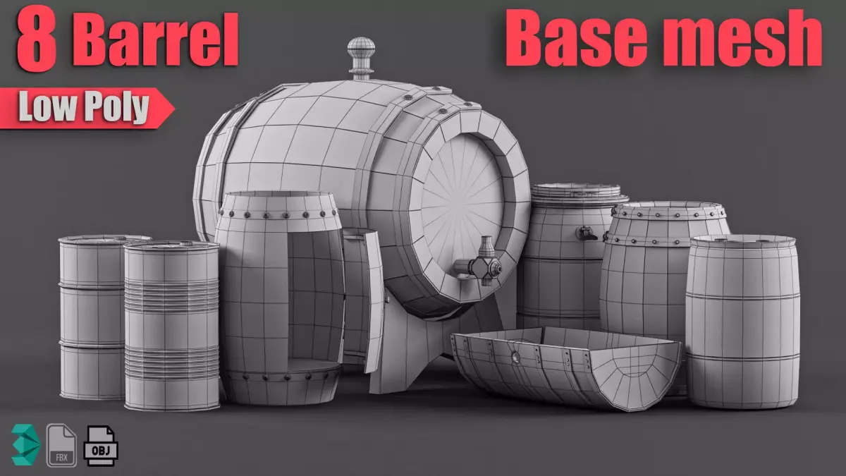 pack 8 Low Poly barrel base mesh - Game ready Low-poly 3D model
