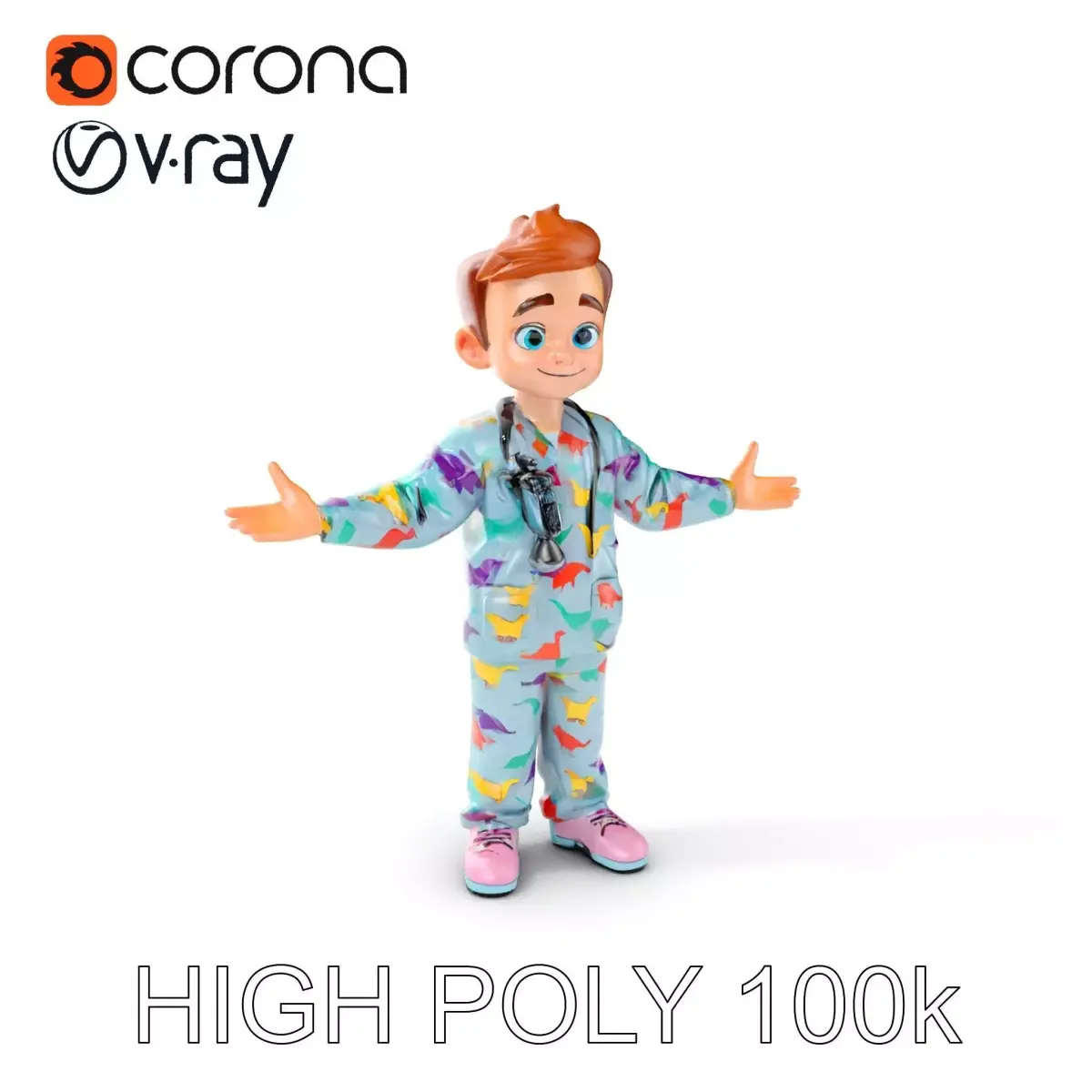 Pediatric Dino Doctor Character Model with Colorful Scrubs Low-poly 3D model