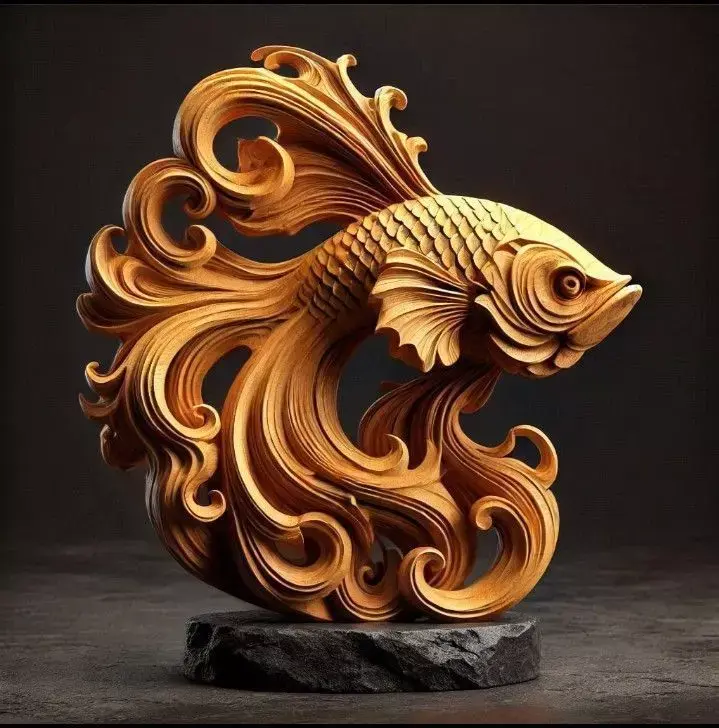 Golden Wood Carved Koi Fish Sculpture Ornate AsianInspired Art Low-poly 3D model