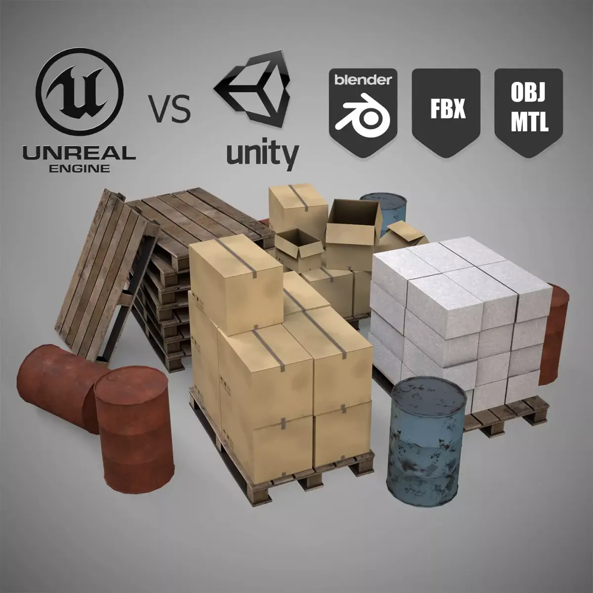 Set of different materials boxes  pallets  blocks barrels Low-poly 3D model