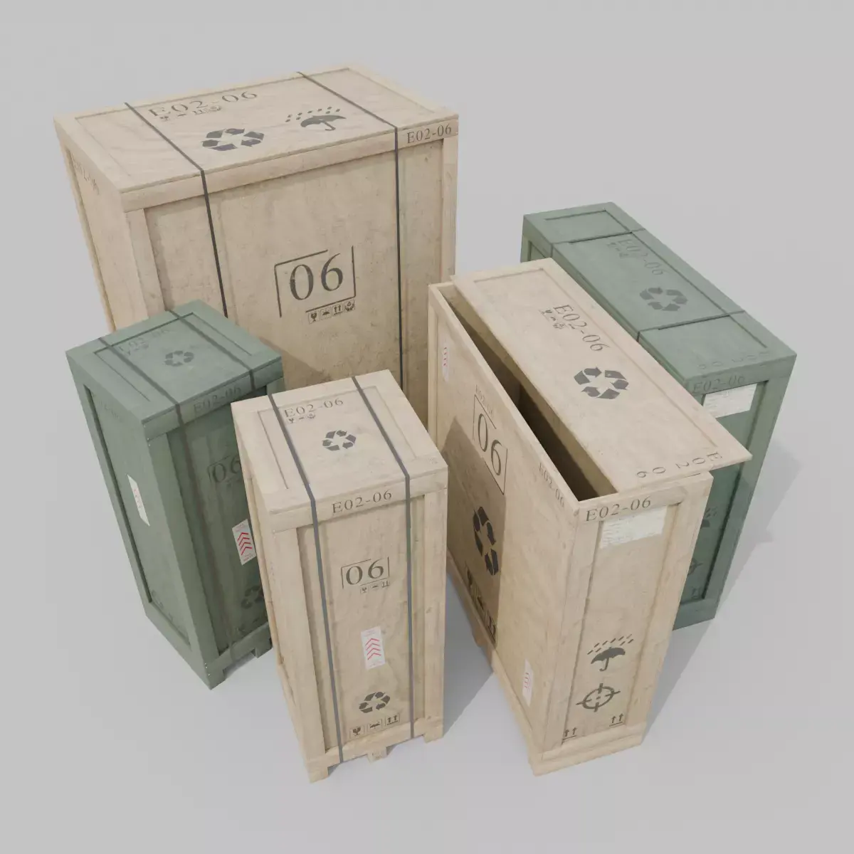Customizable Wooden Crate Trio - Vertical Mix 3D Model Pack