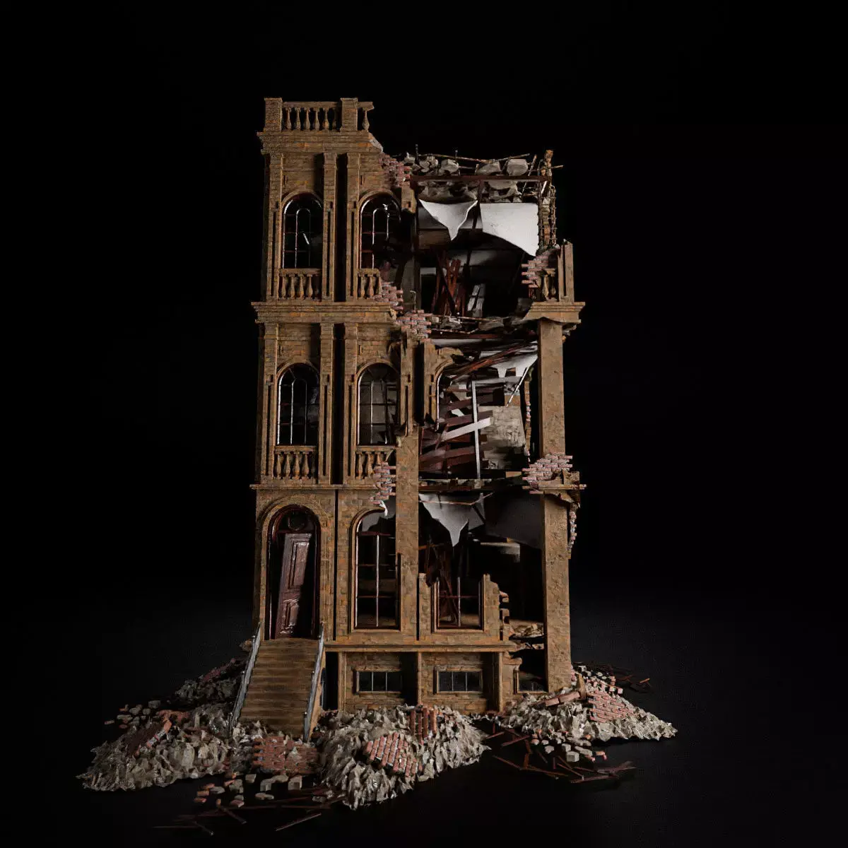 DESTROYED OLD BUILDING POST APOCALYPSE 005 Low-poly 3D model
