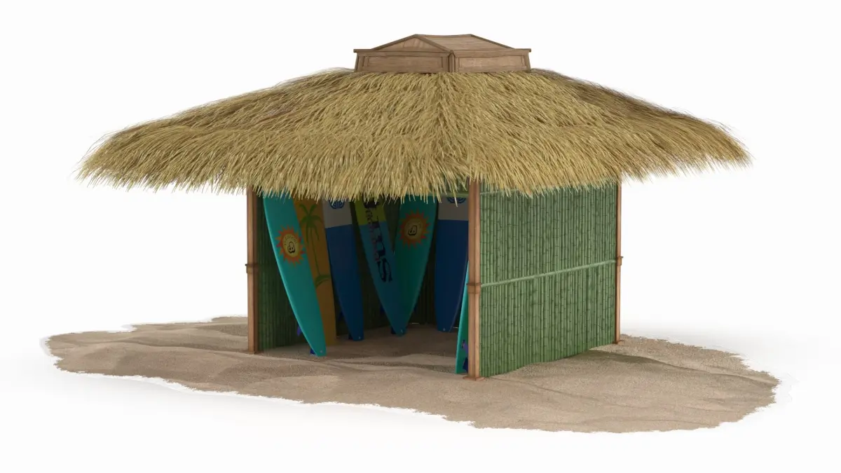 Bamboo Surfboard Storage Hut with Thatched Roof 3D model