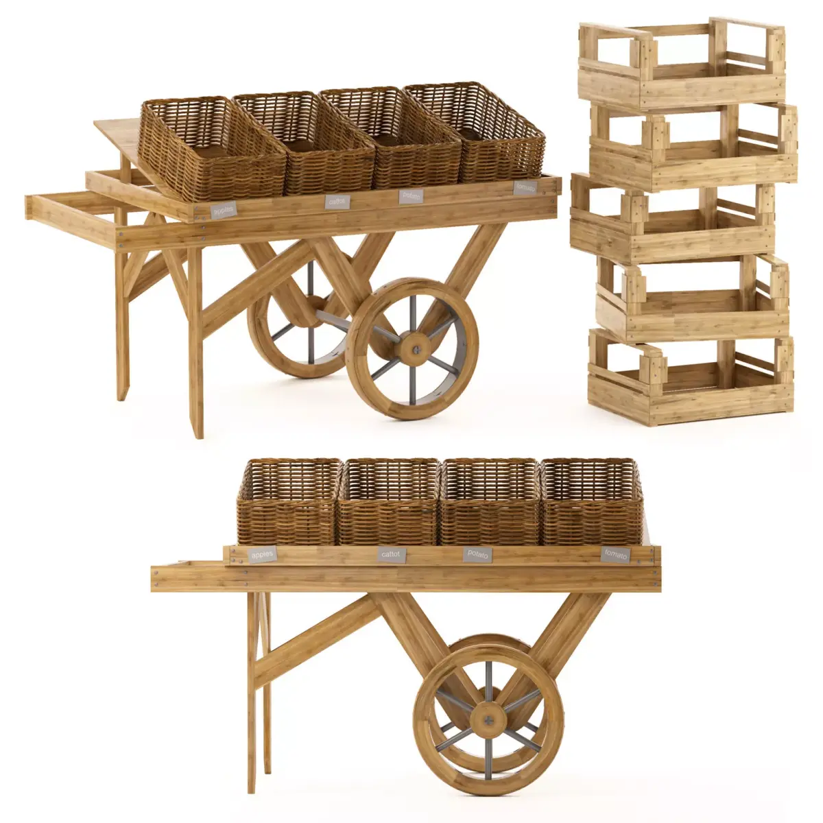 Sellers cart with wicker baskets 3D model