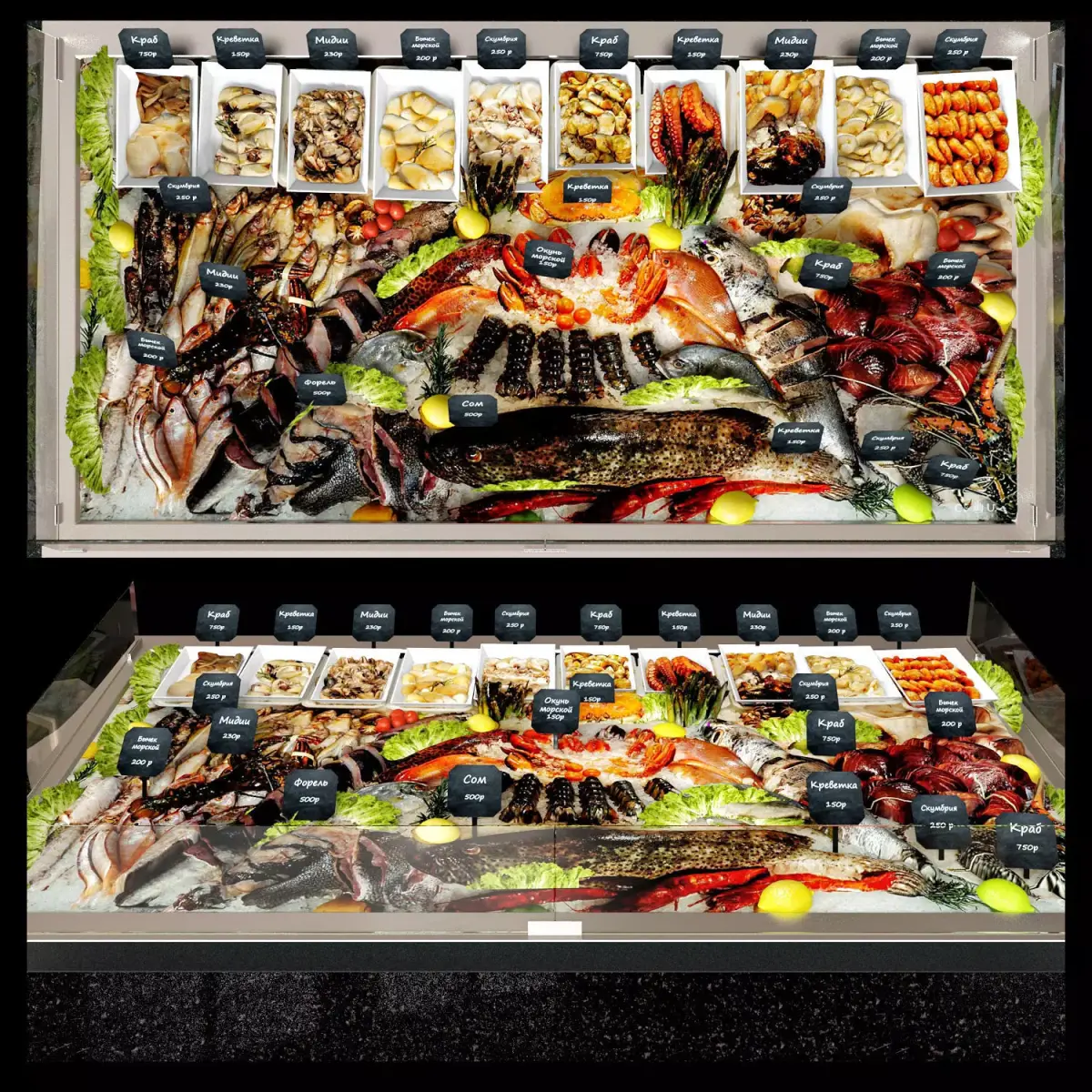 Showcase with seafood 3D model