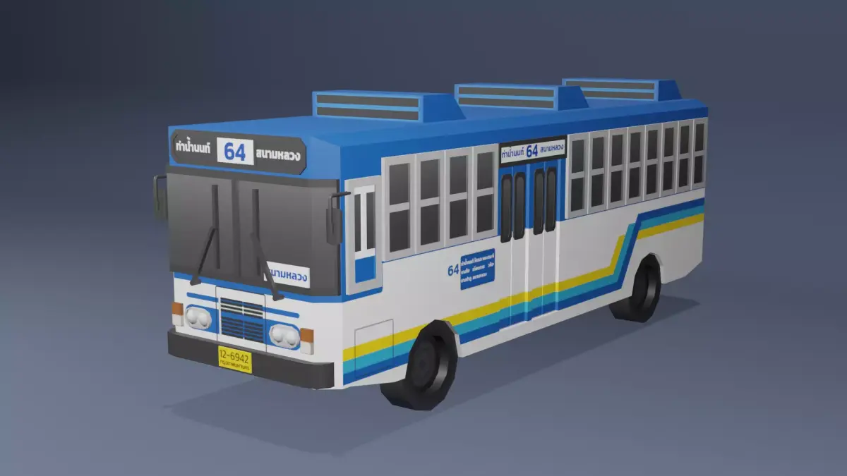 Blue Thai bus Low poly v04 Low-poly 3D model