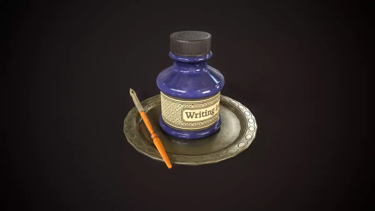 Vintage old inkwell and ink pen Low-poly 3D model