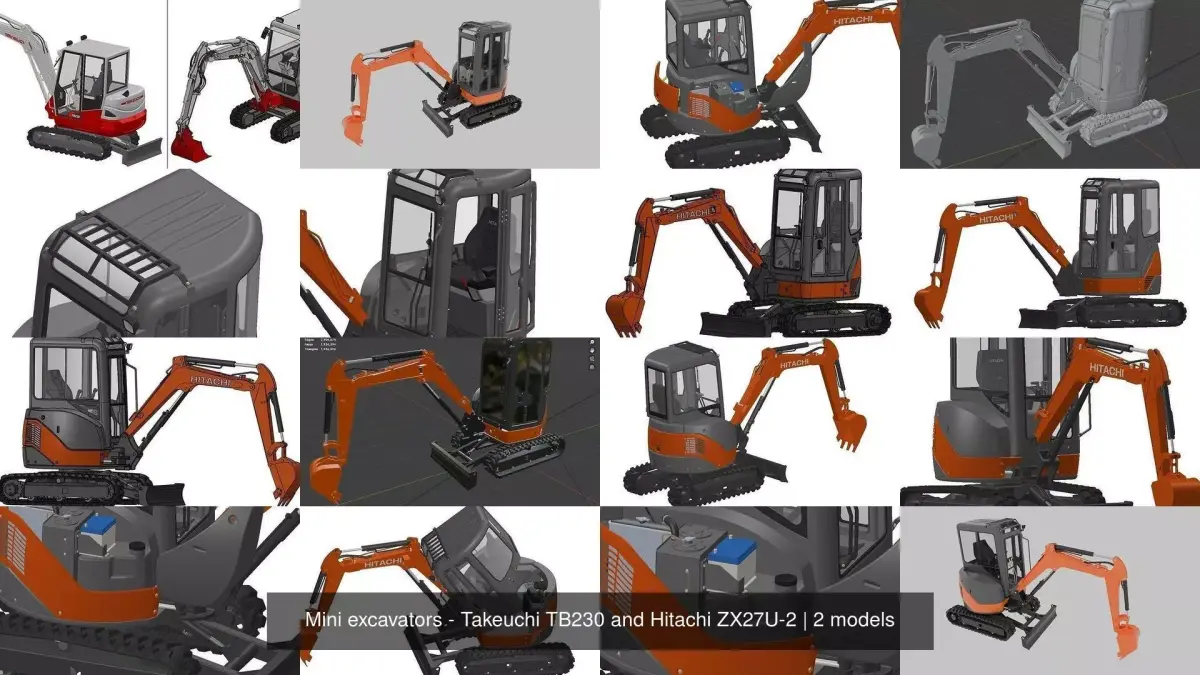 Mini excavators - Takeuchi TB230 and Hitachi ZX27U-2 3D Model Pack