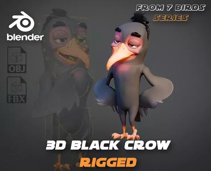 Chibi Crow - 3D Black - Rigged Cartoon Bird Low-poly 3D model