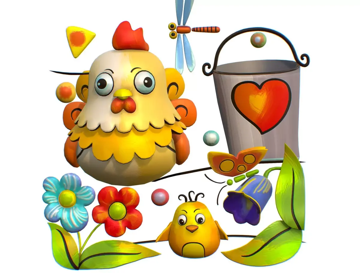 Cartoon 3D illustration Farm Scene Chicken Chick Low-poly 3D model