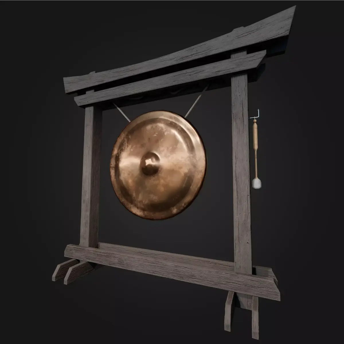 Asian Japanese Gong 2 in 1 Bronze low poly VR AR  Low-poly 3D model
