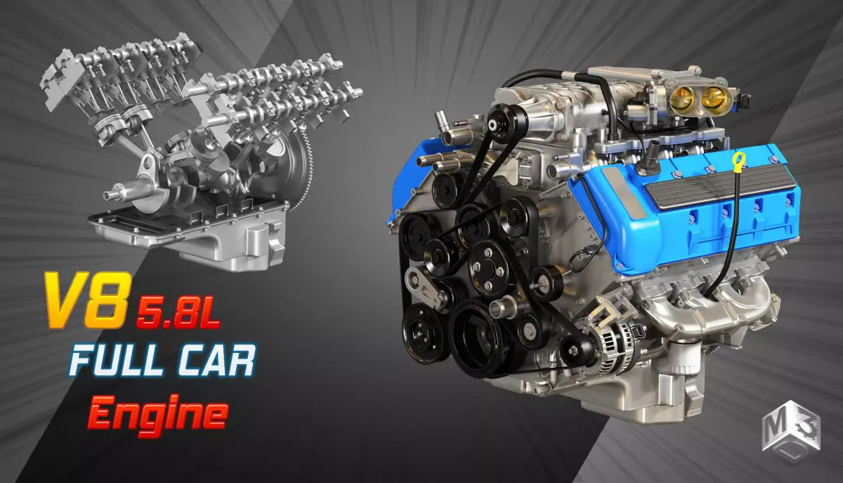 V8 supercharger Car Engine with Full Internal and External Parts 3D model