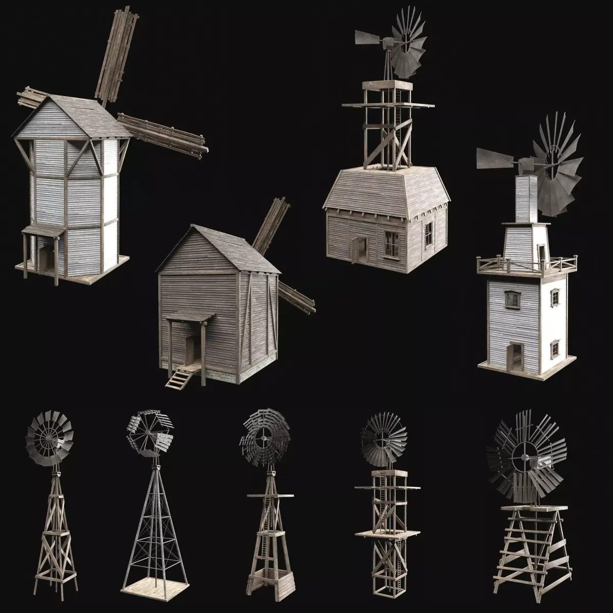 WILD WEST WESTERN WINDMILL WIND MILL TURBINE COLLECTION Low-poly 3D model