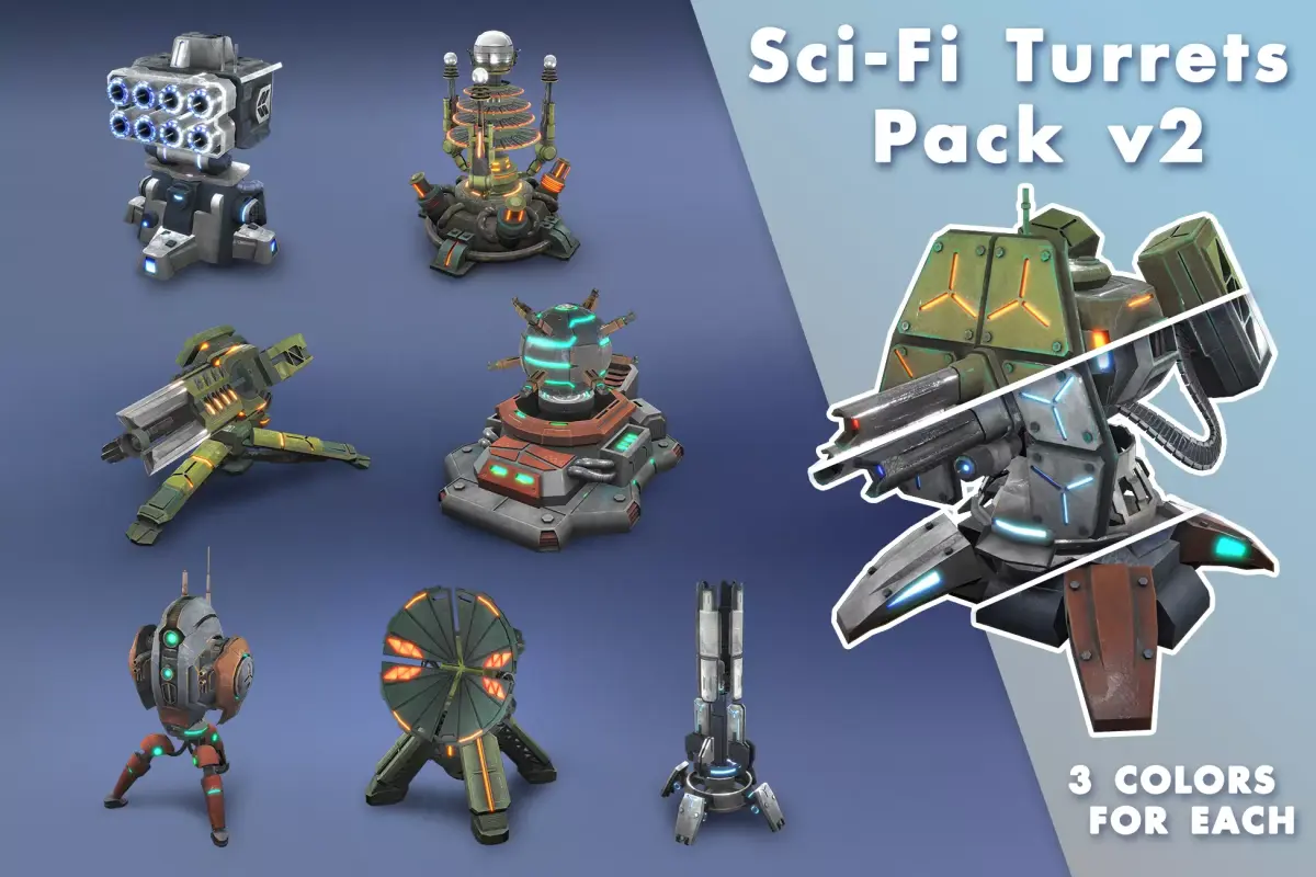 Tower Defence Sci-Fi Turrets Pack v2 Low-poly 3D model