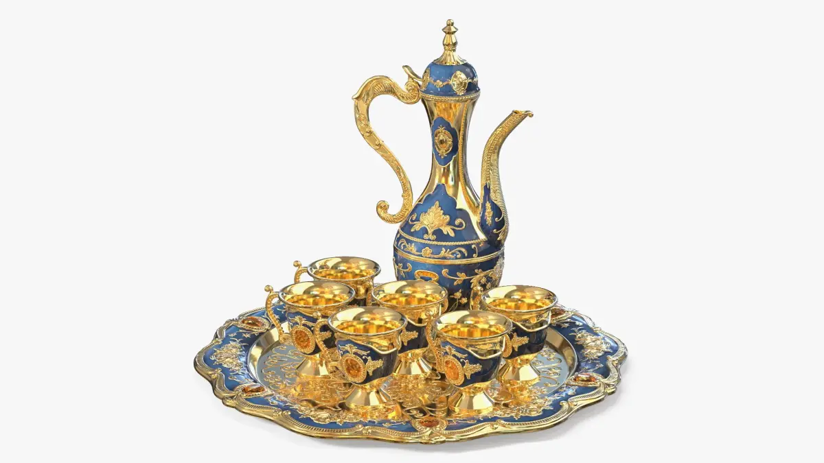 Gold Embossed Arabian Tea Set with Kettle and Cups 3D model